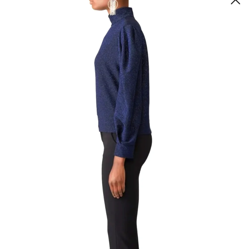 PatBo Metallic Navy Lurex Puff Sleeve Turtleneck Top Holiday Cocktail Party XS